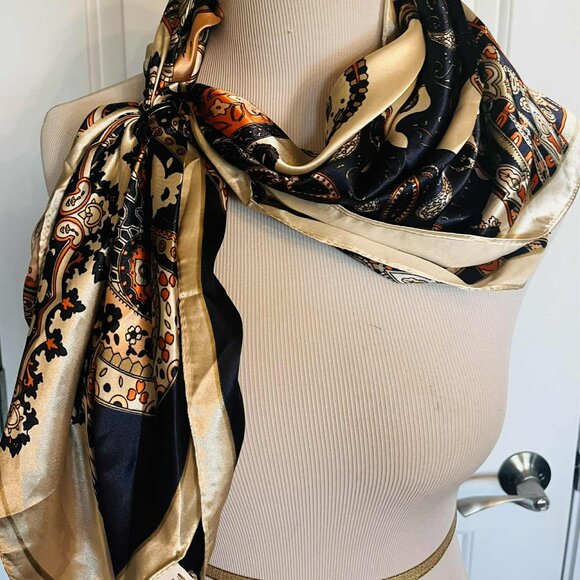 New Elegant Baroque-Pattern Scarf — Faux Silk Square (90×90 cm, Made in China, N - Picture 7 of 10